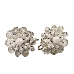 1940s Crystal & Milk Glass Flower Earrings Silver Tone Screw Back Vintage